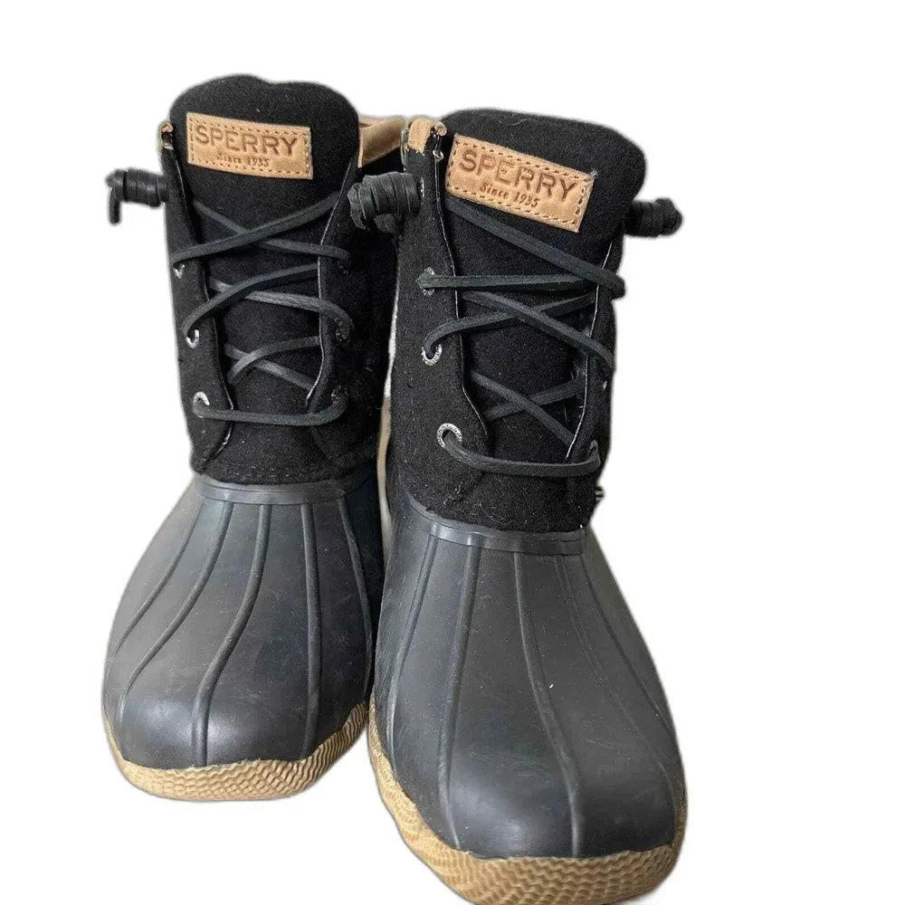 Sperry Duck Boots 7.5 Waterproof Warm Wool Lace Up Rain Snow Cabin Casual Black
